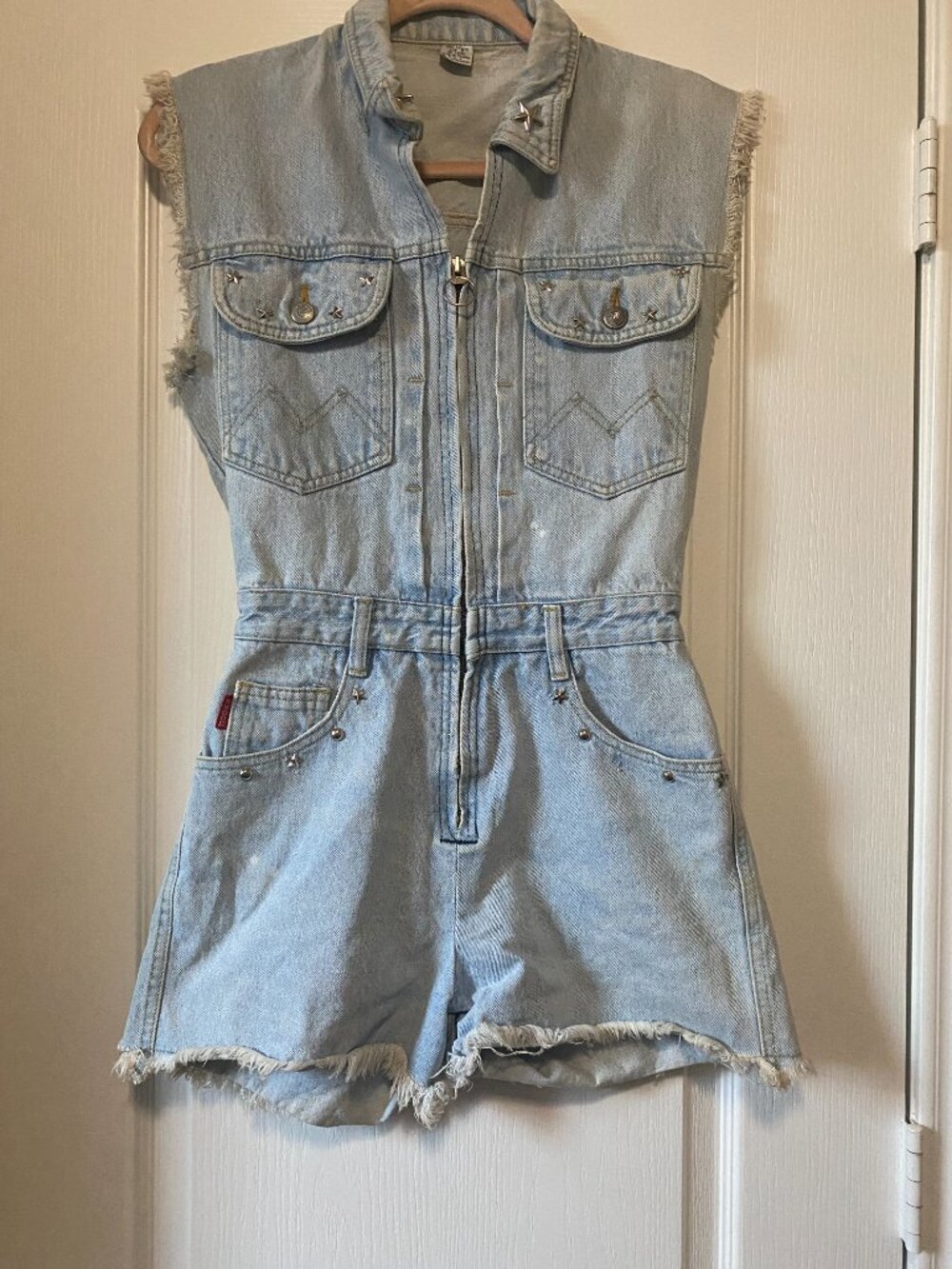 1980's/90's Vintage D'mode Classix Studded Frayed Denim Romper Light Wash 5 - Picture 2 of 16